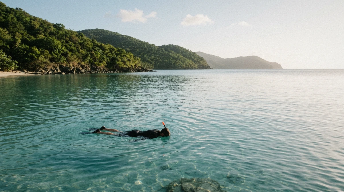 Calm, glassy turquoise water off a St. Thomas reef in the spring, illustrating the best time to snorkel st thomas window