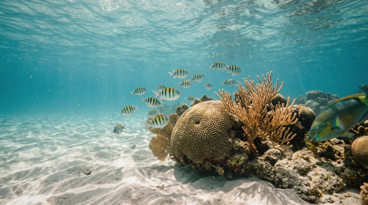 Sergeant major fish and a parrotfish over brain coral and sea fans on the shallow reef at Coki Beach, snorkeling on St. Thomas USVI
