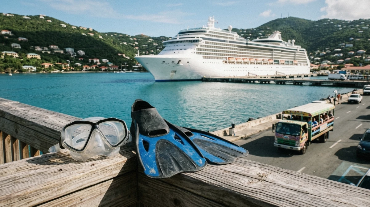 A cruise ship docked at the pier in Charlotte Amalie, the starting point for St. Thomas cruise port snorkeling
