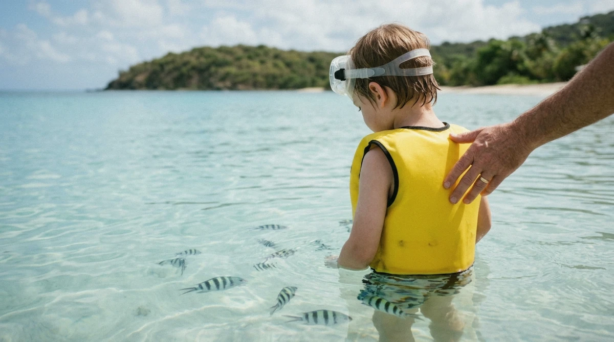 A child snorkeling beside an adult in the calm shallows, St. Thomas snorkeling with kids in warm US Virgin Islands water