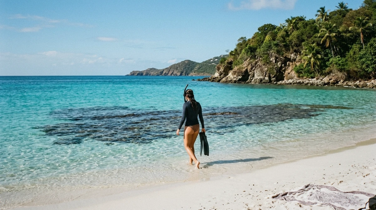 A snorkeler wading into the water from the sand at a St. Thomas beach, the shore side of the st thomas shore snorkeling vs boat tour choice