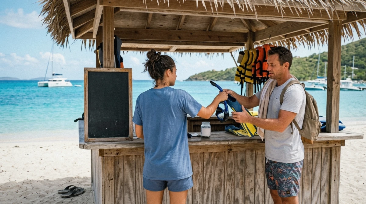 Price board and snorkel gear rack at a St. Thomas dock, showing the real st thomas snorkeling tour cost before booking a boat
