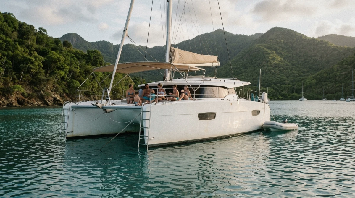 White sailing catamaran anchored in a calm turquoise bay on a St. Thomas USVI sail and snorkel trip