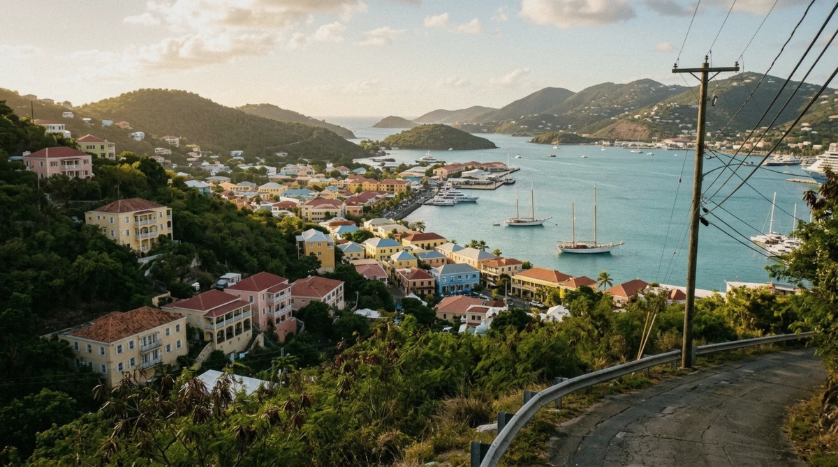 Charlotte Amalie and its harbour seen from the hillside road, the pastel town most hotels sit above when deciding where to stay in St. Thomas